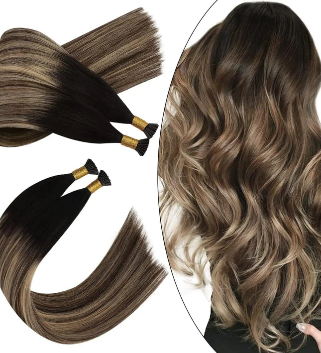 Extensions kératine longues balayage brun pour look naturel et élégant cheveux humains