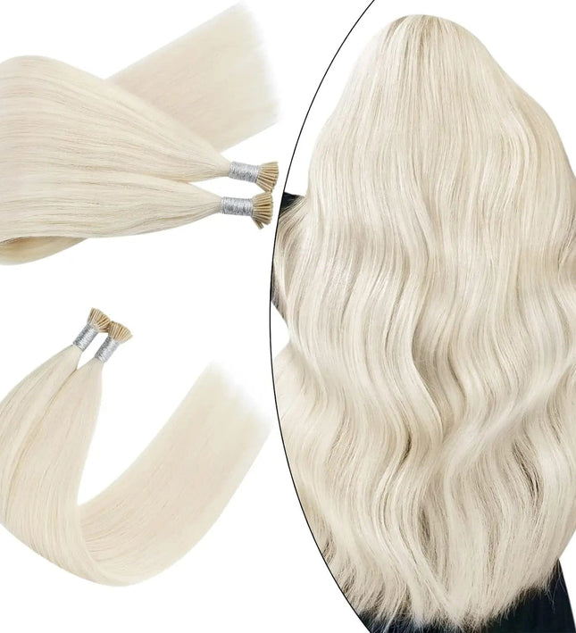 Extensions kératine ondulées longues en cheveux naturels blonds pour look glamour