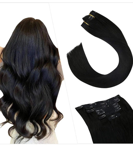 Extensions de cheveux noirs ondulés à clip pour un look volumineux et naturel