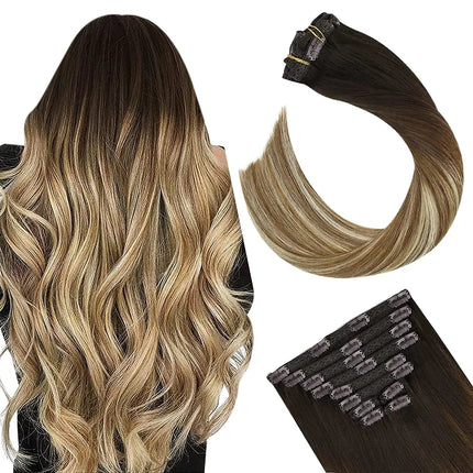 Extension ondulée clip-in cheveux naturels bruns avec mèches blondes pour volume et longueur