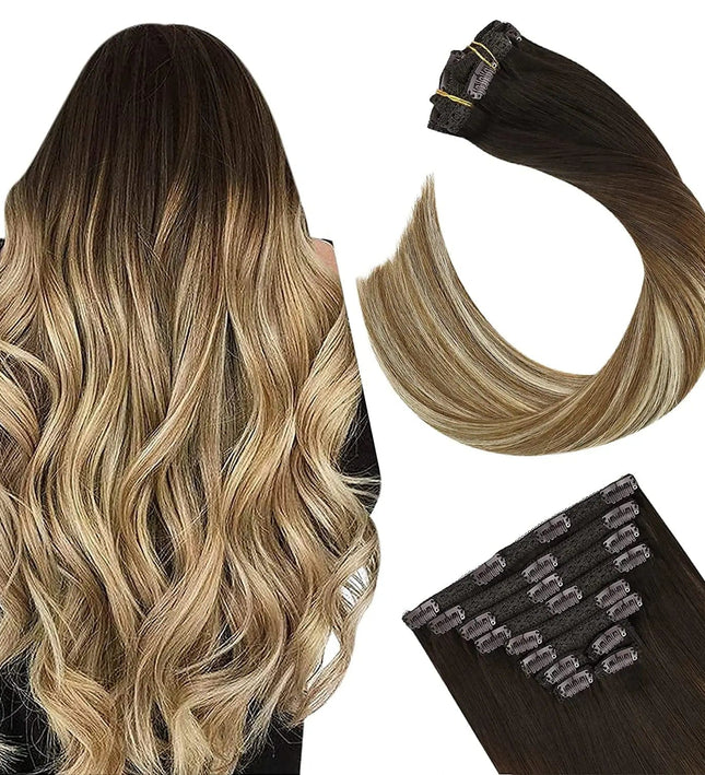 Extension ondulée clip-in cheveux naturels bruns avec mèches blondes pour volume et longueur