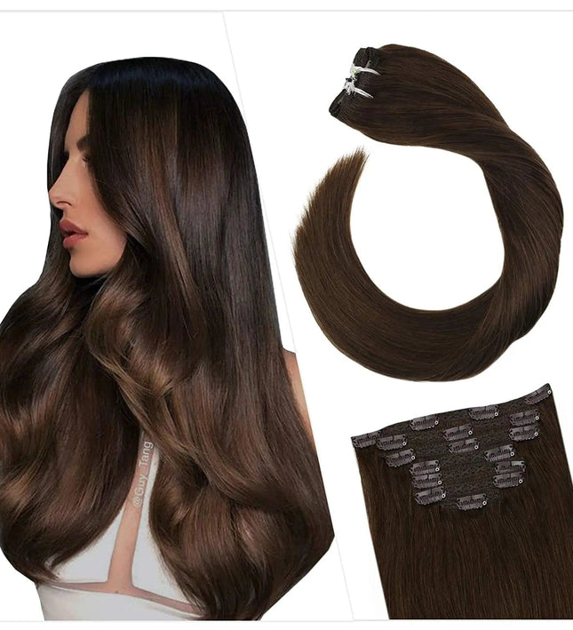 Extension de cheveux ondulés à clip en brun naturel pour un style sophistiqué et élégant