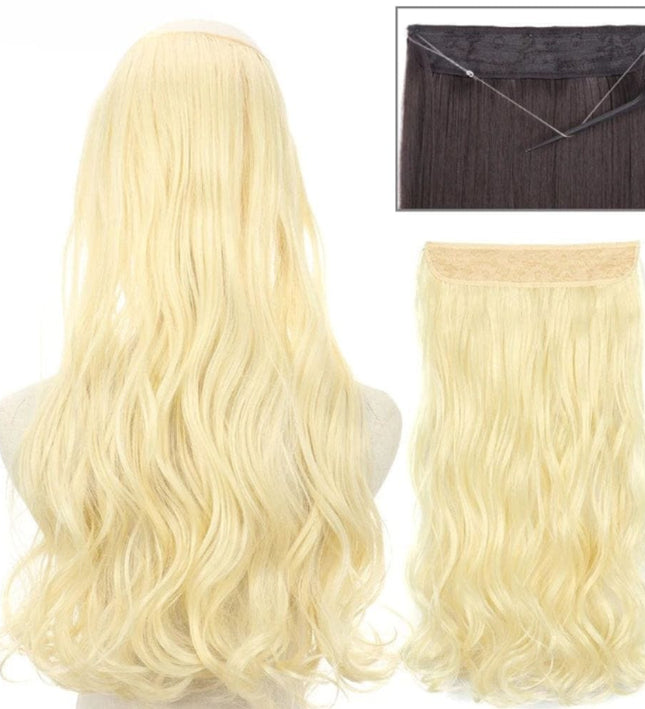 Extension en fils invisibles synthétiques ondulés blond platine pour un look glamour.