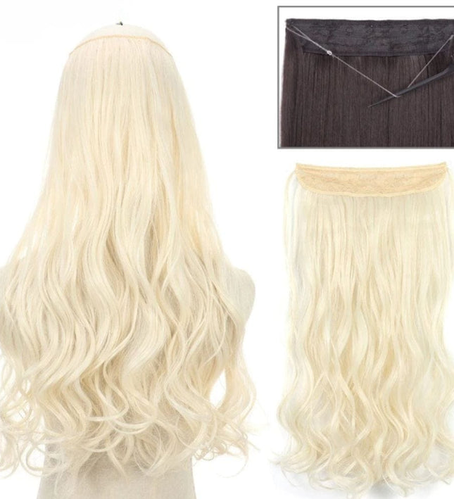 Extensions cheveux synthétiques ondulés blond clair sur fil invisible élégantes