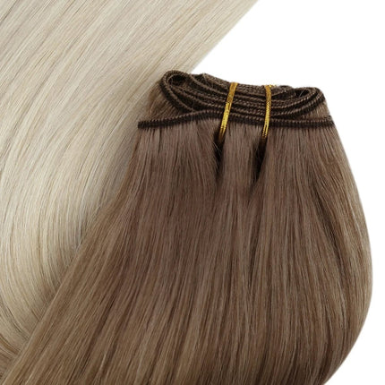 Extensions de cheveux longs naturels en tissage couleur châtain clair et blond foncé