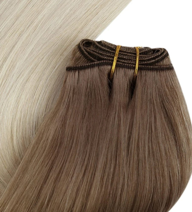 Extensions de cheveux longs naturels en tissage couleur châtain clair et blond foncé