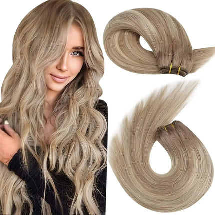 Extension de cheveux blonds naturels ondulés pour un look élégant et volumineux.