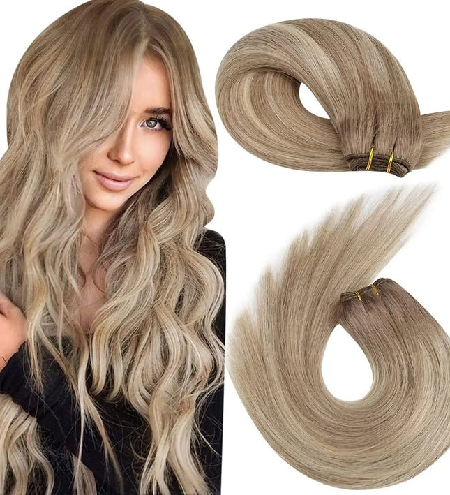 Extension de cheveux blonds naturels ondulés pour un look élégant et volumineux.