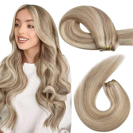 Extension de cheveux longs ondulés couleur blonde platine pour un style naturel et élégant