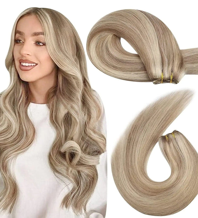 Extension de cheveux longs ondulés couleur blonde platine pour un style naturel et élégant