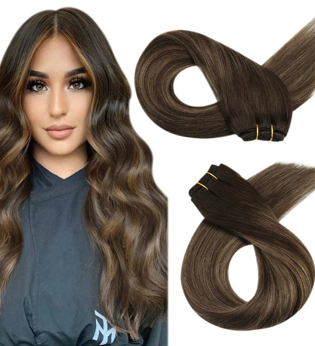 Extensions de cheveux longs naturels bruns ondulés pour un effet volumineux réaliste.