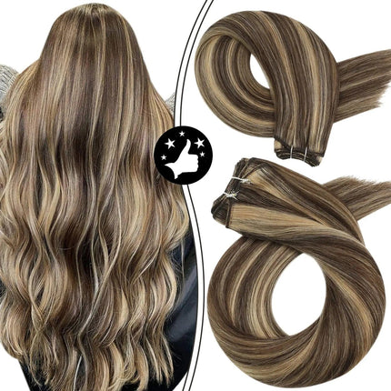 Extensions capillaires longues en cheveux naturels raides couleur brune balayage lumineux