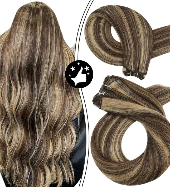 Extensions capillaires longues en cheveux naturels raides couleur brune balayage lumineux