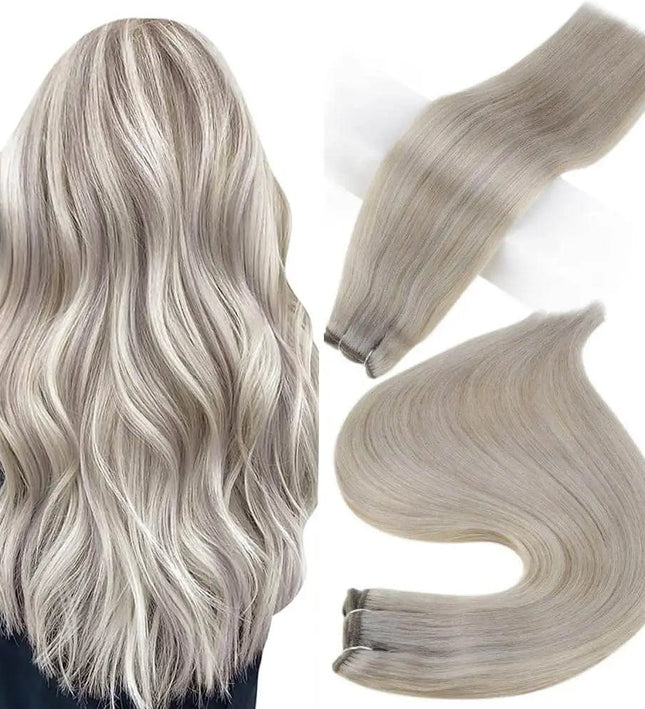 Extension longue lisse en cheveux naturels couleur blond cendré pour un look élégant et soyeux.