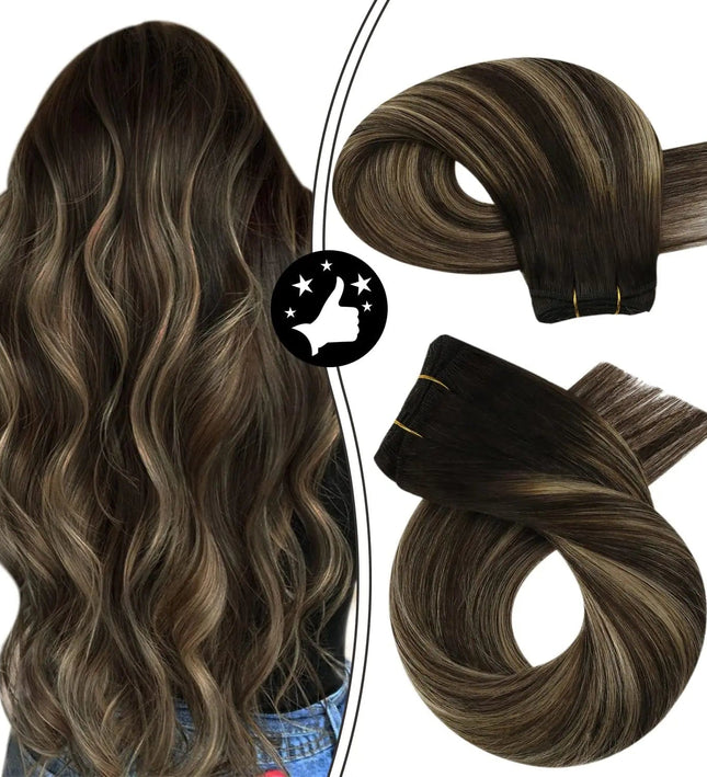 Extensions capillaires longues et naturelles en brun foncé pour un look soyeux et élégant.