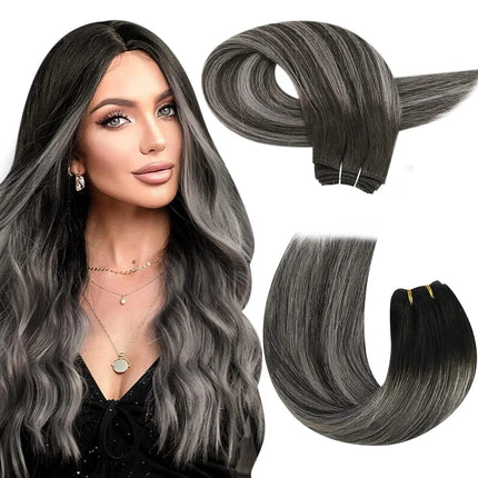 Extension naturelle longue en cheveux raides ombrés gris et noir pour un style élégant