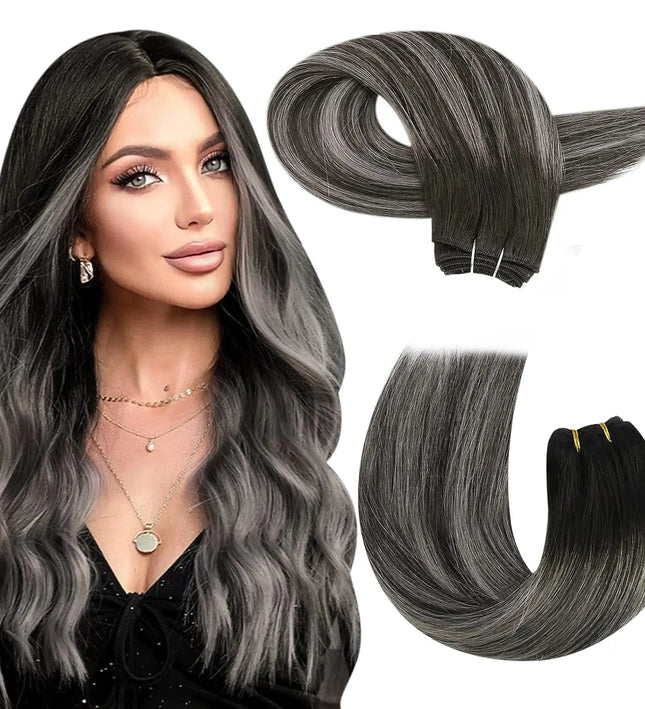 Extension naturelle longue en cheveux raides ombrés gris et noir pour un style élégant