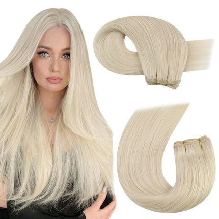 Extension longue en cheveux naturels blonds platine pour un style élégant et sophistiqué