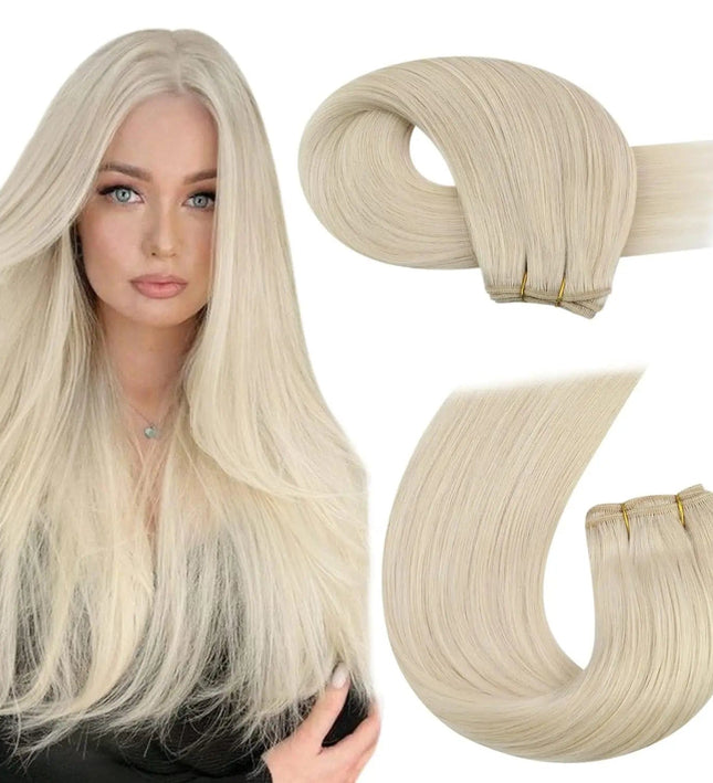 Extension longue en cheveux naturels blonds platine pour un style élégant et sophistiqué