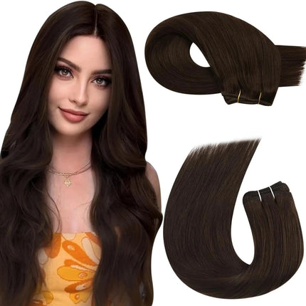 Extension de cheveux naturels longs et lisses couleur châtain pour un look élégant et naturel