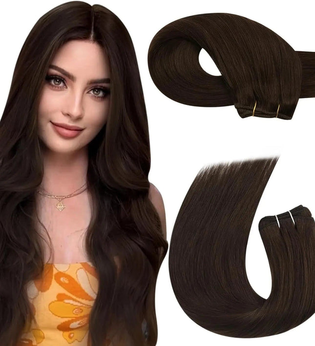 Extension de cheveux naturels longs et lisses couleur châtain pour un look élégant et naturel