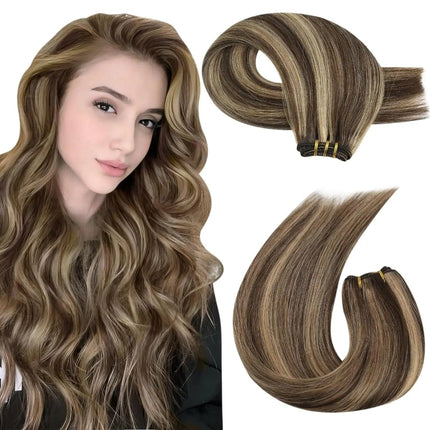 Extension longue ondulée en cheveux naturels bruns pour look volumineux et élégant.