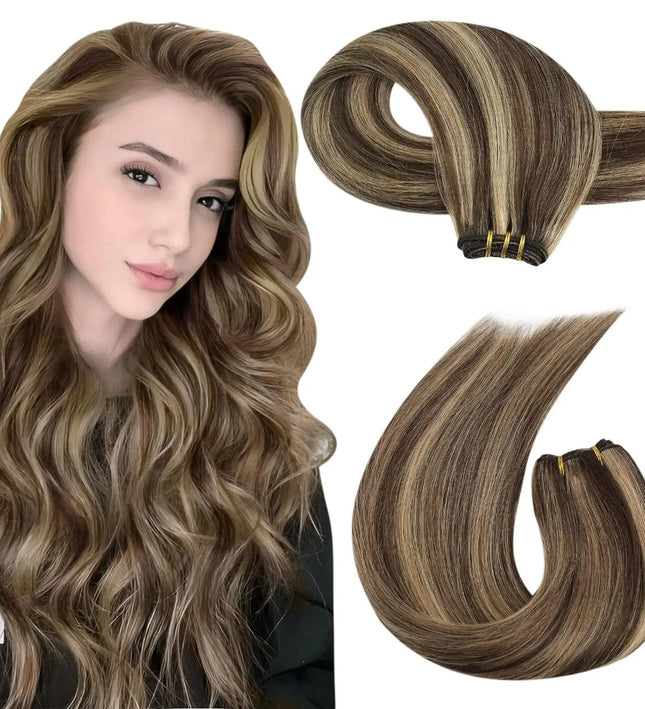 Extension longue ondulée en cheveux naturels bruns pour look volumineux et élégant.