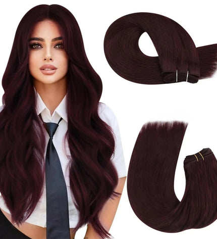 Extension cheveux naturels longs couleur auburn foncé pour un look élégant et volumineux