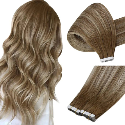 Extensions adhésives ondulées en cheveux naturels couleur châtain clair pour cheveux longs