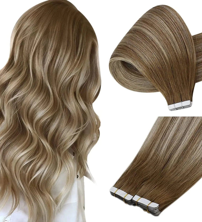 Extensions adhésives ondulées en cheveux naturels couleur châtain clair pour cheveux longs