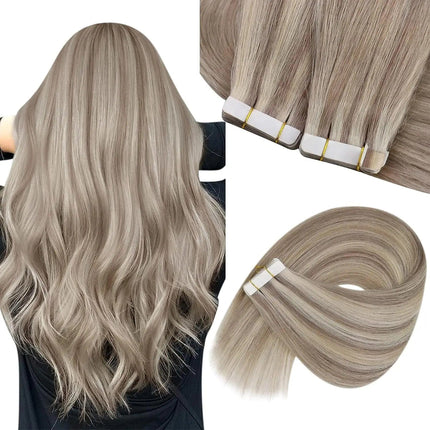 Extensions adhésives lisses et ondulées en cheveux naturels gris clair pour plus de volume