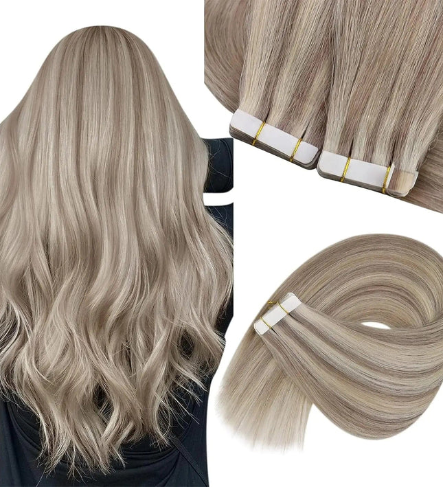 Extensions adhésives lisses et ondulées en cheveux naturels gris clair pour plus de volume