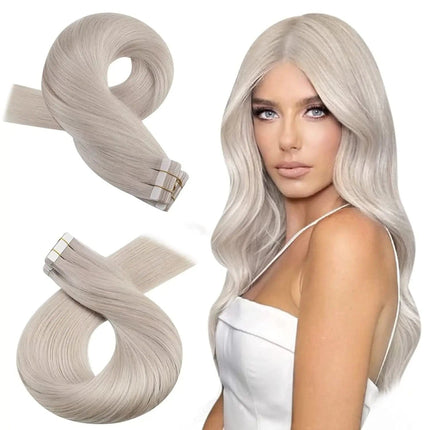 Extensions adhésives longs cheveux blonds platine pour un look naturel et élégant