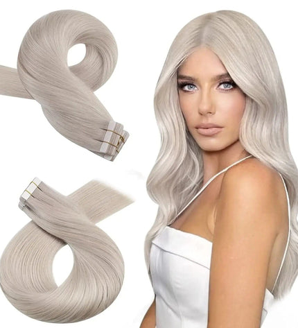 Extensions adhésives longs cheveux blonds platine pour un look naturel et élégant