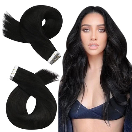 Extensions de cheveux naturels adhésives lisses noires pour un look sophistiqué et élégant