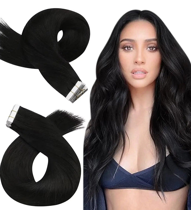 Extensions de cheveux naturels adhésives lisses noires pour un look sophistiqué et élégant