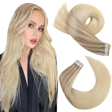 Extensions de cheveux adhésives blond platine pour un look naturel et élégant