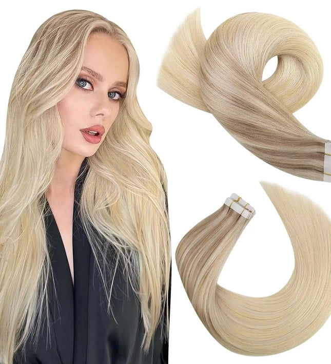 Extensions de cheveux adhésives blond platine pour un look naturel et élégant