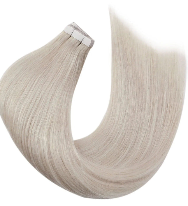 Extensions adhésives cheveux longs blonds platine pour un look naturel et élégant