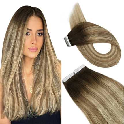 Extensions adhésives ombrées en cheveux naturels longs pour un look sophistiqué et élégant.
