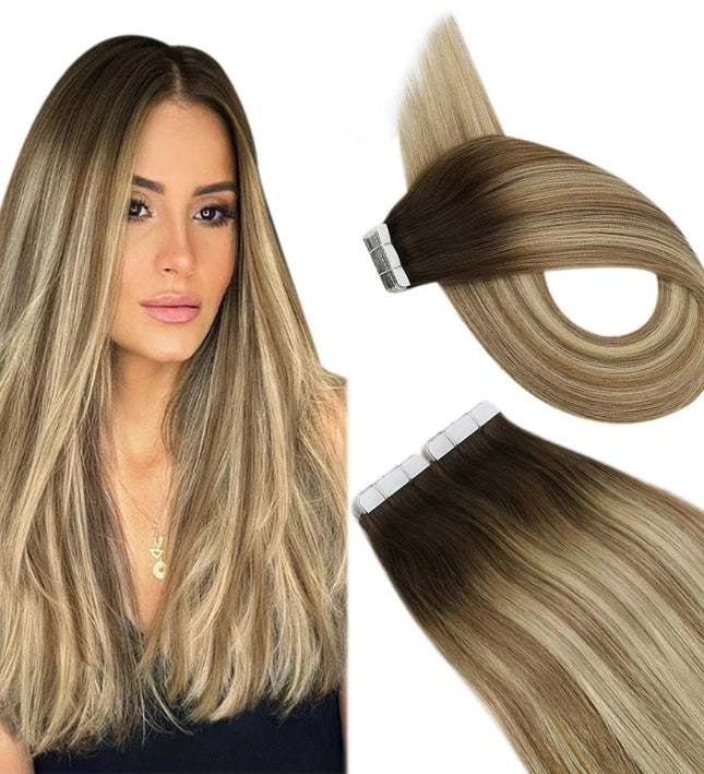 Extensions adhésives ombrées en cheveux naturels longs pour un look sophistiqué et élégant.