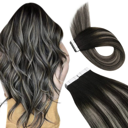 Extensions adhésives de cheveux naturels longs avec effet balayage brun cendré