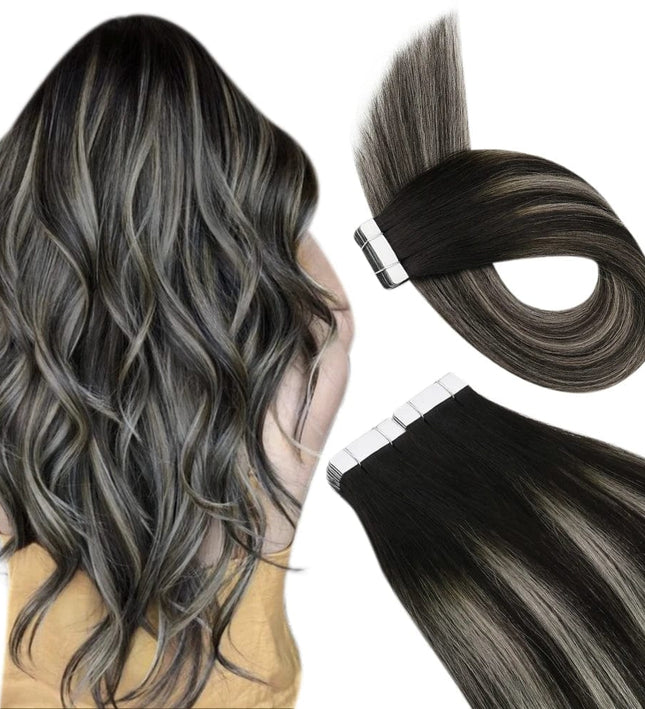 Extensions adhésives de cheveux naturels longs avec effet balayage brun cendré