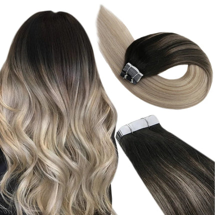 Extensions adhésives cheveux naturels ombrés en brun et blond pour look volumineux