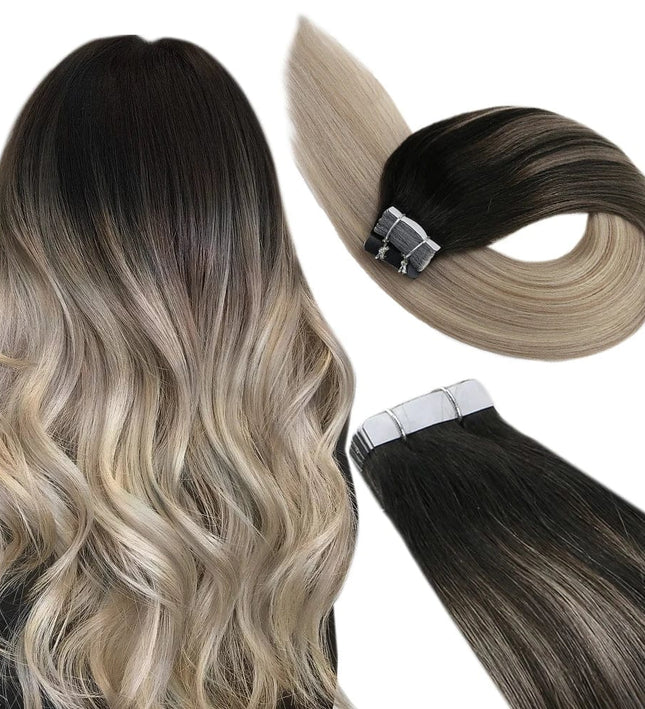 Extensions adhésives cheveux naturels ombrés en brun et blond pour look volumineux