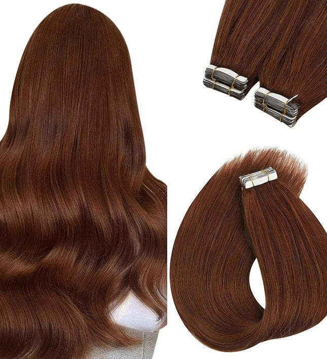 Extensions adhésives lisses et longues en cheveux naturels pour un look élégant et raffiné