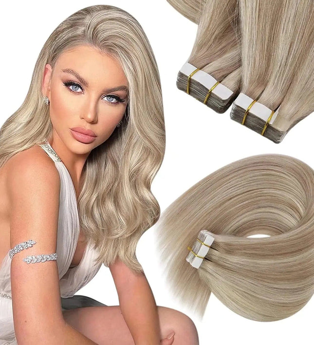 Extensions capillaires adhésives blondes ondulées pour cheveux longs et naturels