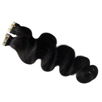 Extensions capillaires adhésives en cheveux noirs naturels ondulés pour un volume luxueux.