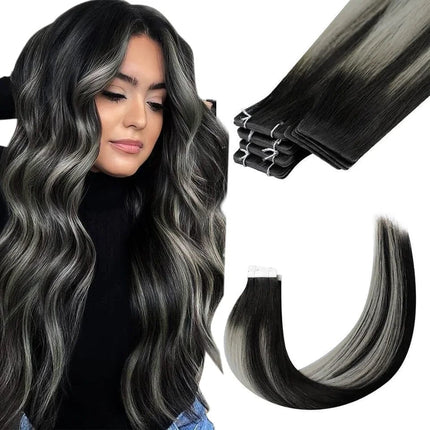 Extensions adhésives en cheveux naturels ondulés noir et gris pour un look sophistiqué