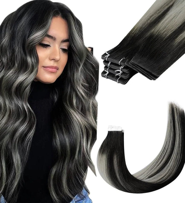 Extensions adhésives en cheveux naturels ondulés noir et gris pour un look sophistiqué